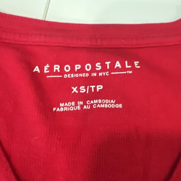 Aeropostale Red V-Neck Basic Tee Womens XS Long Sleeve Logo Ribbed - Picture 5 of 7